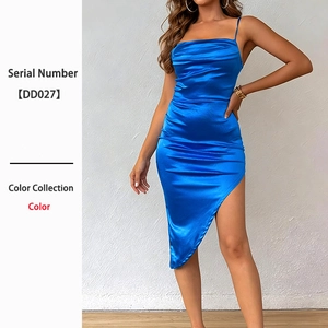 Robe En Satin À Col Bénitier Bretelles Spaghetti Polyester Dos Nu Ourlet Irrégulier Froncé Fente Haute Fête Soirée