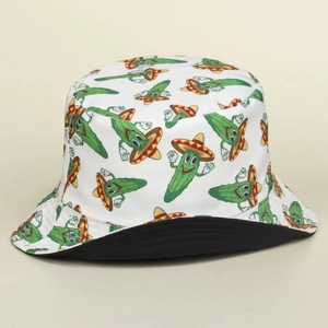 Chapeau bob unisexe blanc avec imprimé concombre rigolo et doublure de bord noire