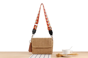 Detail of woven straw crossbody bag with geometric shoulder strap and leather tassel accent