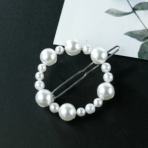 Irregular round faux pearl hair clip with white beads on silver metal barrette base