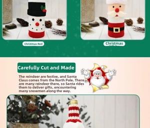Detail of knitted Christmas wine bottle covers featuring Santa Claus and snowman patterns