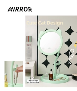 Detail of mint green cat ear makeup mirror with storage tray and jewelry hooks