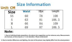 Size chart for high elastic flared denim jeans showing waist, hip, and length measurements