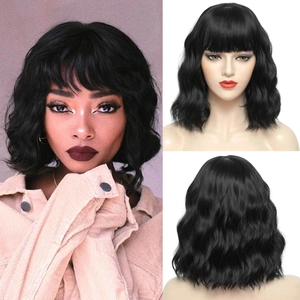 Wavy Bob Wig With Bangs Synthetic Heat Resistant Fiber Short Water Wave Ombre Highlighted Daily Cosplay Hair For Women