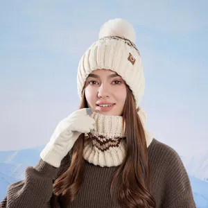Bonnet Écharpe Et Gants En Tricot D'Hiver Doublés De Polaire Écran Tactile Accessoires D'Extérieur Chauds Pour Femmes Avec Pompon