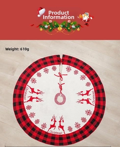 Macro detail of 48-inch knitted Christmas tree skirt with reindeer and red plaid border