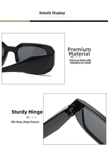 Detail showing high-quality square frame texture and durable metal hinge of sunglasses