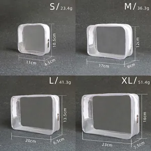 Transparent waterproof PVC makeup bags in four sizes from S to XL shown in a grid layout