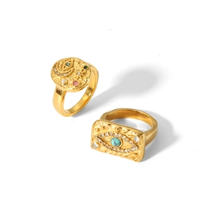 18K gold stainless steel rings with turquoise evil eye and moon star designs