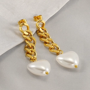 Heart Artificial Pearl Dangle Earrings Gold Plated Stainless Steel Cuban Link Chain Vintage Fashion For Women