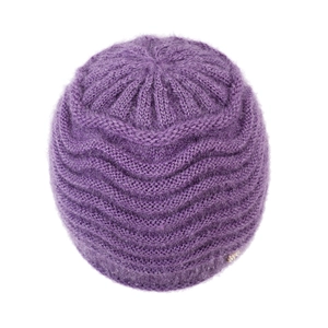 Berretto in maglia viola scuro da donna con orecchie di gatto e morbida trama a onde