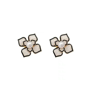 Elegant camellia flower stud earrings with white enamel and center pearl accents