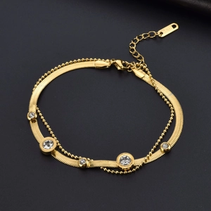 Double-layer gold stainless steel bracelet with snake chain and round cubic zirconia
