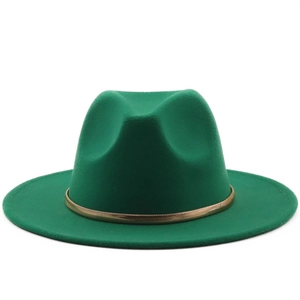 Elegant dark green wool fedora hat with a flat wide brim and gold chain link band