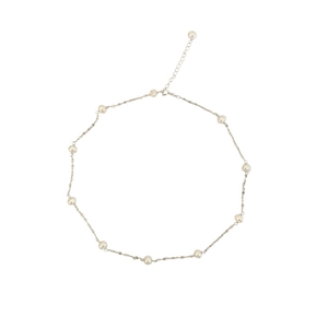 Detail of freshwater baroque pearl necklace with silver chain and lobster clasp