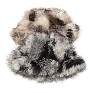 Plush faux fox fur bucket hats with gradient leopard patterns for winter warmth