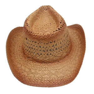 Close-up of a woven straw cowboy hat featuring hollow ventilation holes and curved brim