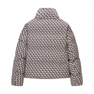 Women's padded jacket featuring brown geometric Y-pattern print with stand-up collar