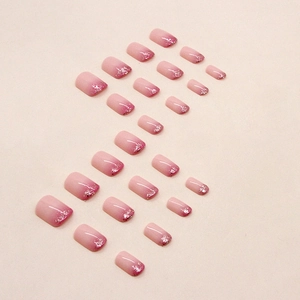 Pink gradient press-on nails with purple glitter, short square style manicure set