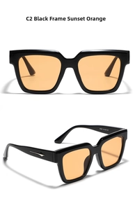 Detail view of black square sunglasses with sunset orange lenses and silver arrow trim