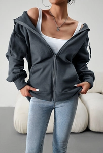 Detail of loose fit dark grey fleece hoodie with full zipper and casual long sleeves