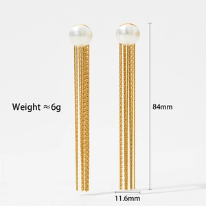 Detail of long pearl tassel earrings in stainless steel with measurement annotations