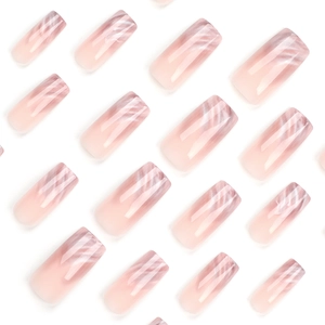 Long square press-on nails with pink base and smoky white marble gradient pattern