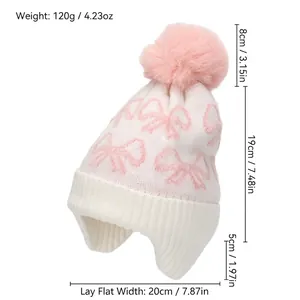 Cappello invernale a maglia per bambina con paraorecchie, fiocco e pompon grande
