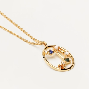 Golden S925 sterling silver zodiac necklace with colorful crystals in oval pendant
