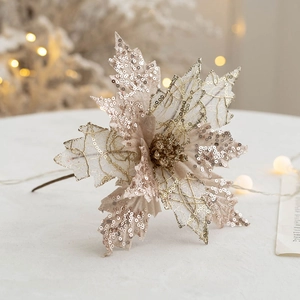 Artificial Poinsettia Christmas Flowers Glitter Sequin Fabric Sparkling Hanging Ornaments For Tree Decor Festive Party