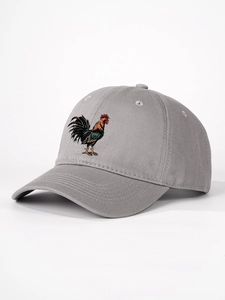 Close-up of a grey baseball cap featuring detailed colorful rooster embroidery on cotton