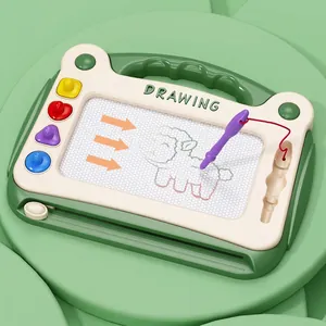 Kids magnetic drawing board with green frame colorful stamps and purple stylus pen