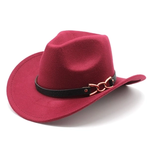 Detail view of burgundy wool cowboy hat with textured black band and gold metal buckle