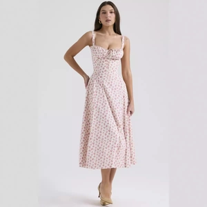 Floral A-line midi dress with corset-style bodice and backless slim-fit design