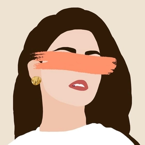 Illustrazione artistica di orecchini dorati irregolari su un ritratto di moda minimalista