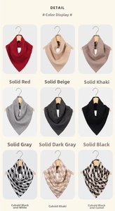 Detail view of nine knitted scarf styles in solid colors and geometric patterns