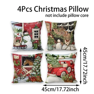 Set of 4 Christmas pillow covers 45x45cm with snowman, reindeer and vintage truck prints