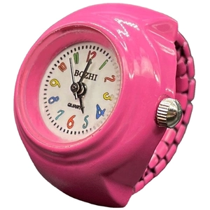 Candy pink minimalist quartz ring watch with elastic band and white numeric dial