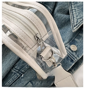 Detailed close-up of transparent jelly bag with smooth silver zipper and white stitching