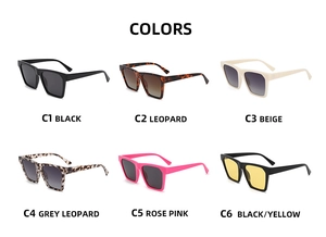 Detail view of square oversized sunglasses in black, leopard, beige, and pink frame options