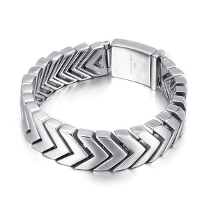 Men's silver V-shaped stainless steel snake bone chain bracelet on white background