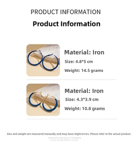 Detailed size specifications for blue geometric round earrings with weights and dimensions