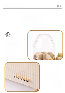 Close-up of a rotating cosmetic organizer with transparent lid and gold handles
