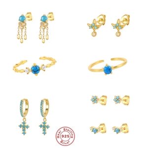S925 sterling silver turquoise jewelry set with floral stud earrings and adjustable rings