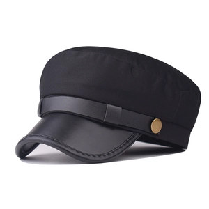 Women Vintage Newsboy Cap Cotton Polyester Blend Flat Top Hat With PU Leather Brim And Metal Button Detail