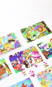 Flat lay of multiple colorful wooden animal puzzles for toddler early education