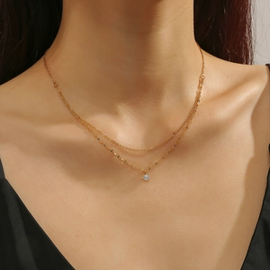 Minimalist gold double layer titanium necklace with round diamond pendant for women