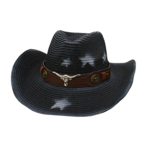 Cappello da cowboy in paglia nera con motivo a stelle e decorazione con testa di toro d'argento