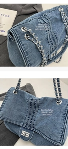 Detail of washed blue denim texture with vertical stitching and silver chain strap