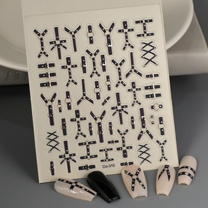 5D punk style nail stickers with black leather strap and metal buckle relief designs
